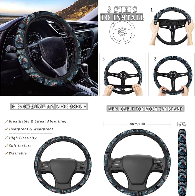 AFPANQZ Funny Dinosaur 11 Pieces Auto Accessories Set with Seat Covers Full Set with Hand Brake Cover Gear Shift Knob Cover Seat Belt Pads Car Coaster Steering Wheel Cover