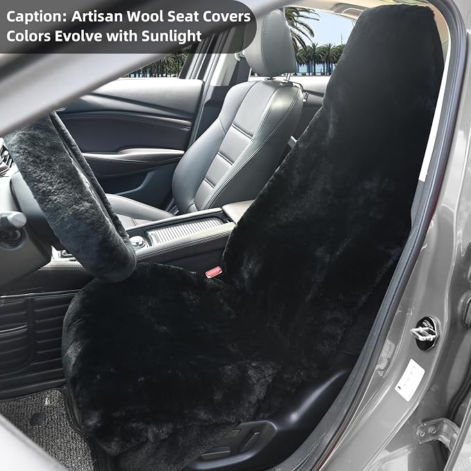 Aegis Cover Sheepskin Car Seat Cover Genuine Australian Merino Wool Front Seat Cover Luxury Dense Pelt Universal Fit for Most SUVs, Trucks, Bucket-Style, 54 X 22 Inches (CS-Black)