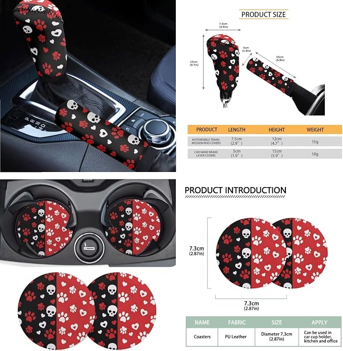 Dog Paw Print Car Seat Covers Set of 18 Skull Love Print Car Front Rear Seat Covers Headrest Protectors Steering Wheel Cover Safety Belt Pads for SUV Sedan, Easy to Install