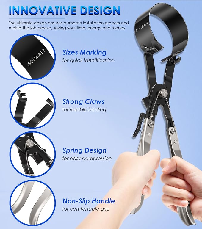940387 Piston Ring Compressor Tool Set for Car Diesel Engines with Vehicle Maintenance Clamps, Ratchet Pliers and Storage Case, Piston Ring Band Sizes 2-7/8" to 4-3/8"