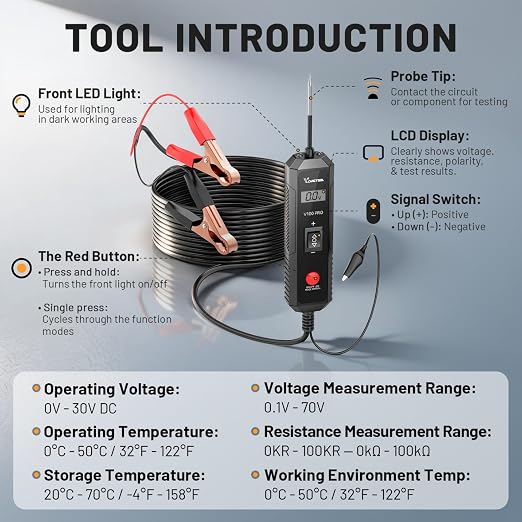 VDIAGTOOL V100 PRO Power Circuit Probe Tester, 6V-30V DC Multifunctional Car Test Light Automotive with Component Activation, Voltage, Continuity Test, Overload Protection for Car SUV RV Motorcycle