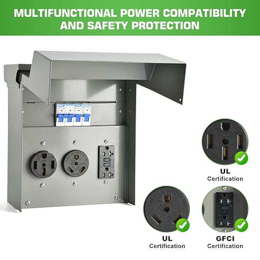 RV Electrical Panel with Breaker, Temporary Power RV Outlet Box with 20 30 50 Amp Receptacle, Weatherproof RV Electrical Power Outlet Power for Hookup Camper Travel Trailer Motorhome
