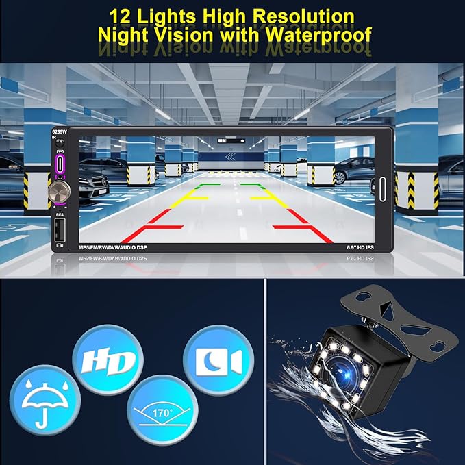 6.9" Single DIN Car Radio with Wireless Apple CarPlay, Car Bluetooth 5.2, AM FM Radio, IPS Touchscreen 1280x480, Backup Camera, Type-C Fast Charging, USB, 180W Subwoofer, Android Auto, GPS Navigation