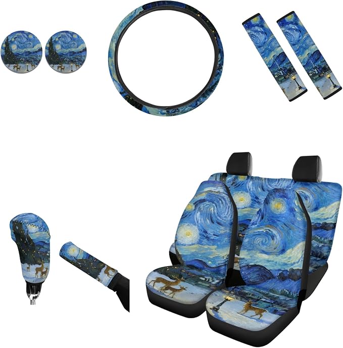 AFPANQZ Car Seat Covers Full Set for Women with Seat Belt Shoulder Pads, Cup Holder, Blue Starry Sky Steering Wheel Cover, Gear Shift Knob Cover, Handbrake Protector Full Set of 11