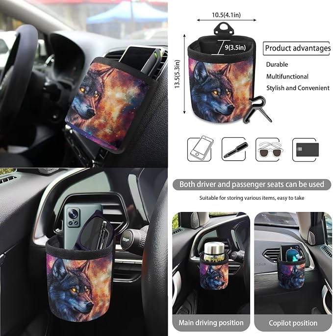 Wolf Galaxy Print 15PCS Car Seat Cover Front Back Seat Protector with Steering Wheel Cushion, Belt Pad, Trash Can Air Vent Bag Mirror Cover Universal Fit Most Cars