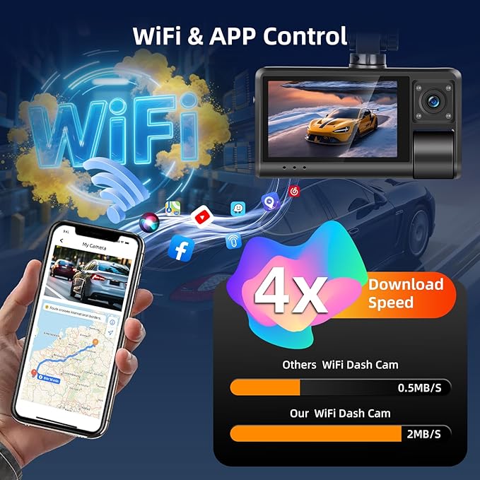 NHOPEEW 3 Channel Dash Cam for Cars, Dash Cam Front and Rear Inside, Bulit-in WiFi: 3 inch IPS Screen, 1080P Triple Dash Camera with 64GB Card, G-Sensor, Loop Record, Night Vision + Rearview Camera