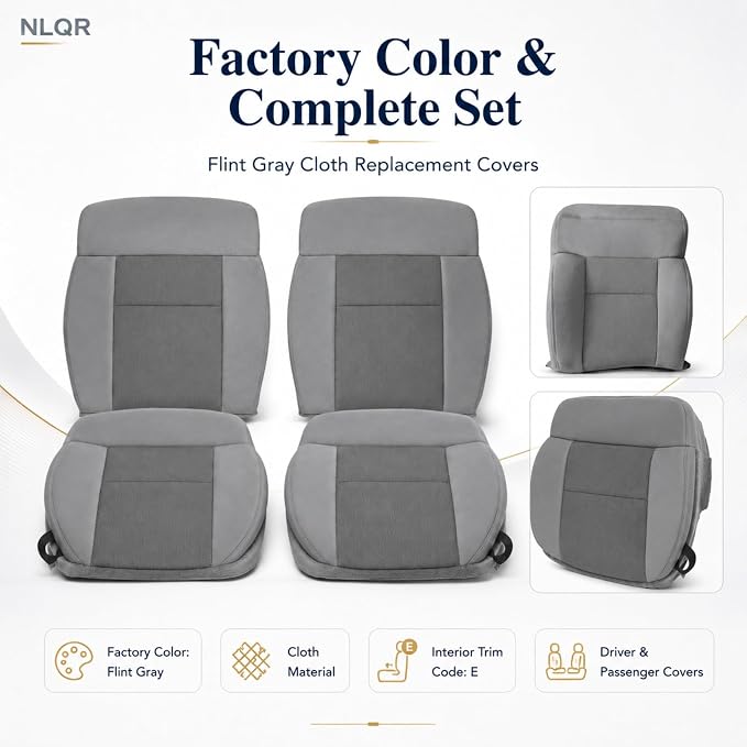 NLQR Gray Front Driver & Passenger Side Bottom & Top Lean Back Replacement Cloth Seat Covers Compatible with Ford F150 XLT F150 STX F150 FX4 2004 2005 2006 2007 2008