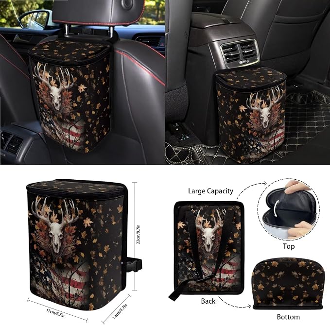 Dear Maple Leaf American Flag Print 15PCS Auto Interior Sets Car Front Rear Seat Covers Steering Wheel Cover Seat Belt Cover Keychain Trash Can Air Vent Storage Bag Mirror Cover