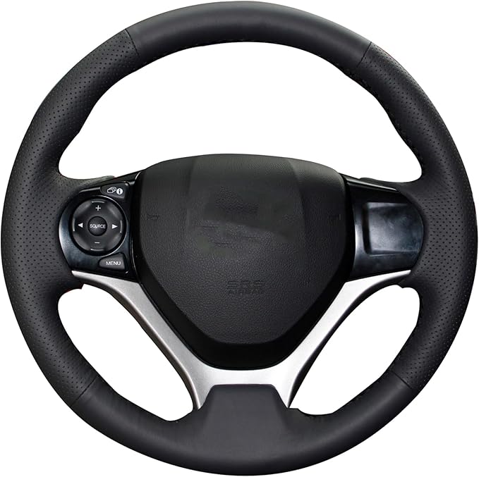 Loncky Carbon Fiber Black Genuine Leather Steering Wheel Cover for Honda Civic 9 Civic 2012 2013 2014 2015 Hand Stitched Custom Fit Car OEM Parts Interior Accessories