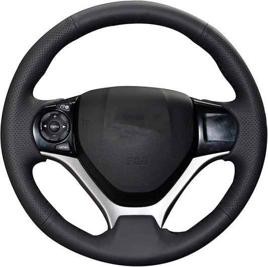 Loncky Carbon Fiber Black Genuine Leather Steering Wheel Cover for Honda Civic 9 Civic 2012 2013 2014 2015 Hand Stitched Custom Fit Car OEM Parts Interior Accessories