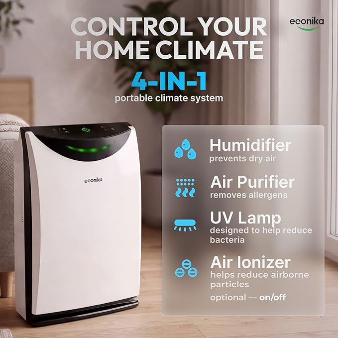 4 in 1 Humidifier and Air Purifier in One Large Room HEPA Air Purifier Humidifier Combo with UV Light, Whole House Large Room Cleaner Up to 1,035 Sq Ft