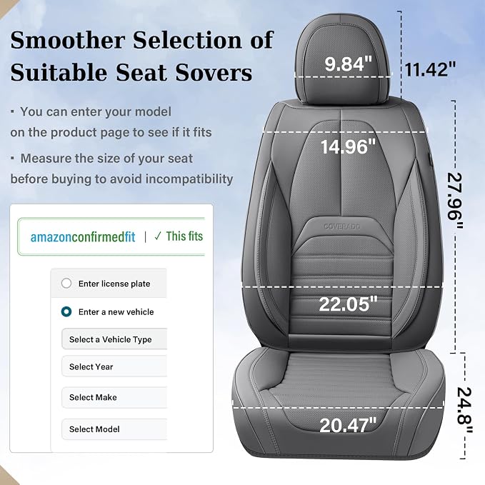 Coverado Seat Covers, Car Seat Covers Front Seats, Automotive Seat Covers, Waterproof Nappa Leather Car Seat Cover, Car Seat Cushion, Gray Seat Covers Carseat Cover Universal Fit for Most Cars