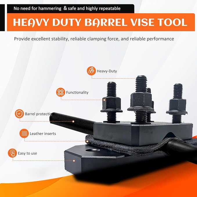 Professional Grade Heavy Duty Barrel Vise Tool, Aluminum Barrel Clamp with Leather Inserts, Universal Barrel Vise Clamp Surface Protection Design, Fits 0.67”–1.375” Outside Diameter Barrels（black）