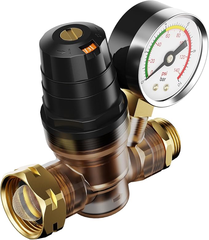 FOCSPROD RV Water Pressure Regulator, Rotatable Scale Adjustable Camper Water Pressure Reducer with Gauge, Inlet Screen Filter for Camper Travel Trailer