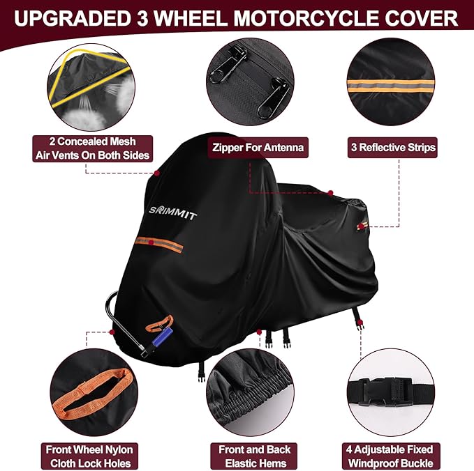 Trike Motorcycle Cover, Waterproof Outdoor Storage Cover for 3-Wheel Motorcycles, Heavy Duty 420D Oxford Fabric Shelter with Zipper for Antenna, Rain Snow Protection