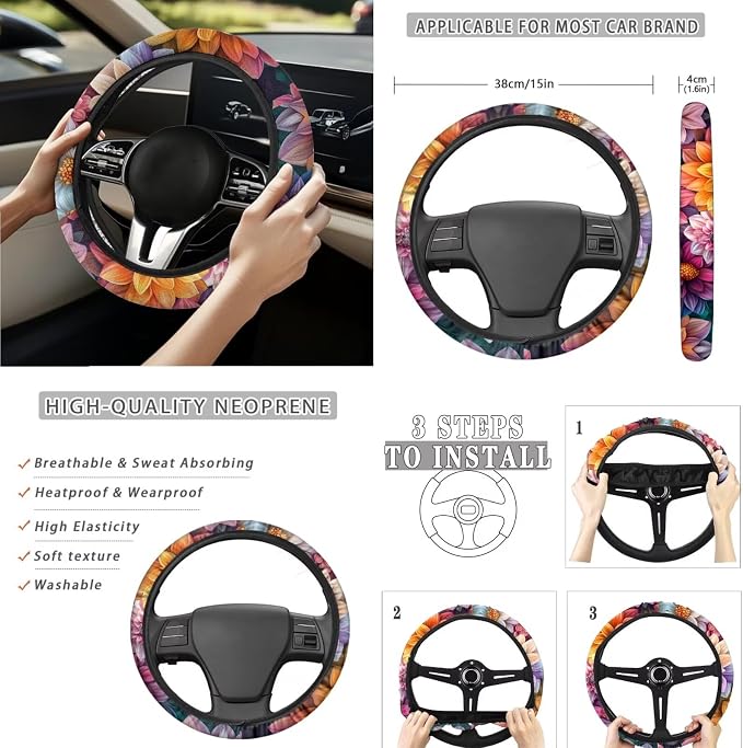 15Pcs Boho Blossoms Car Seat Cover Full Set for Women with Car Steering Wheel Cover Seat Belt Cover Trash Bin Front Rear View Mirror Car Cup Holder Keychain