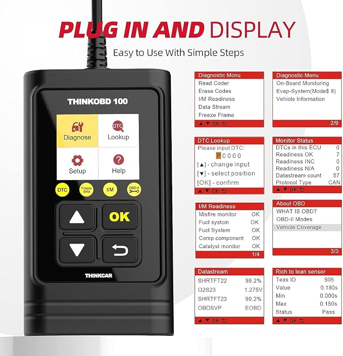 THINKCAR OBD2 Car Scanner, THINKOBD100 Check Engine Fault Code Reader with Full OBD II Functions, O2 Sensor, CAN Diagnostic Scan Tool for All Cars Since 1996