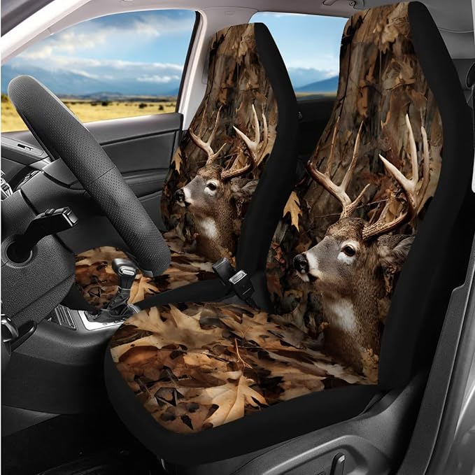 Bulopur Deer Hunting Camo Automotive Seat Covers Full Set with Matching Steering Wheel Cover Console Armrest Cushion Vehicle Seat Belt Pads Headrest Covers Car Interior Decor Set 14 Piece