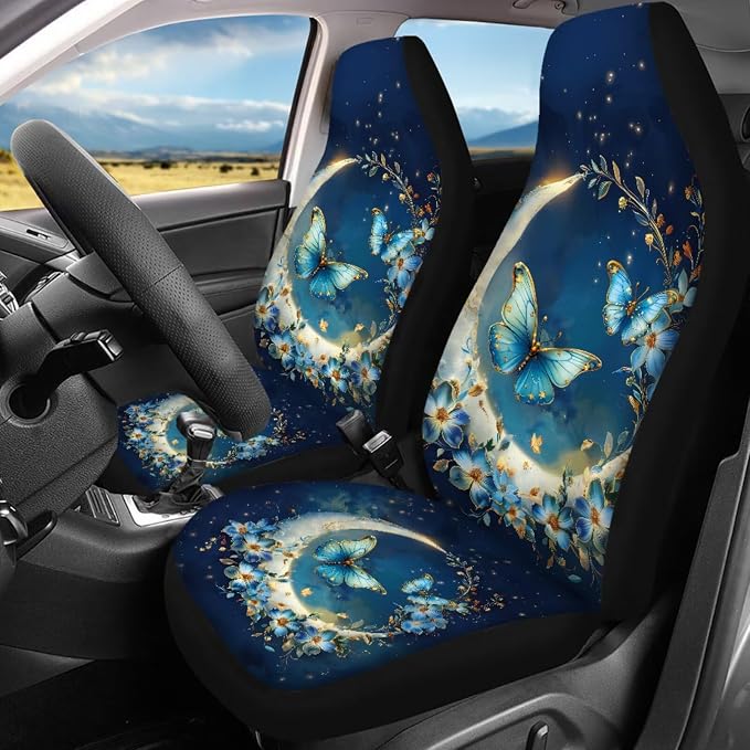 Butterfly Car Accessories Set 17 Pack Stars Moon Butterfly Car Seat Covers Full Set with Car Mats Full Set,Cup Coaster,Center Console Cover,Seat Belt Shoulder Pad,Lip Balm Keychain Holder