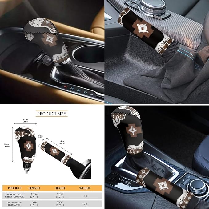 Wanyint Southwest Aztec Black Brown Car Seat Protector - 11 PCS Set with Steering Wheel, Headrest, Cup Coasters, Handbrake, Gear Shift Knob Covers