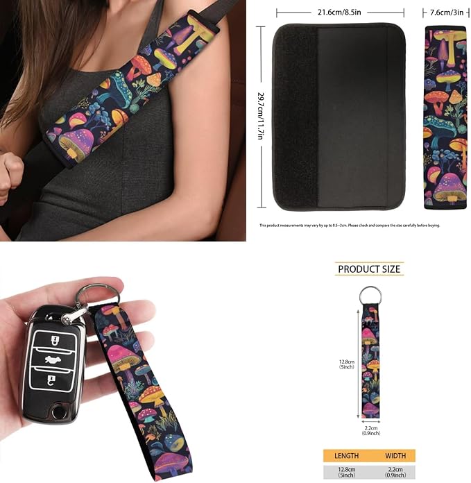 15 Pcs Cute Mushroom Car Seat Cover Full Set for Women with Car Steering Wheel Cover Seat Belt Cover Trash Bin Front Rear View Mirror Car Cup Holder Keychain