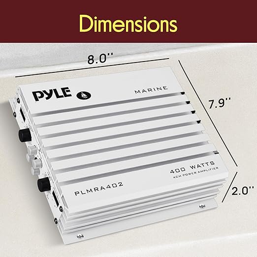 Pyle Hydra Marine 400W 4-Channel Amplifier - Waterproof with Dual MOSFET Power Supply - GAIN level Controls - RCA Input - LED Indicator - Compact Design for Boat/Vehicle Audio - PLMRA402