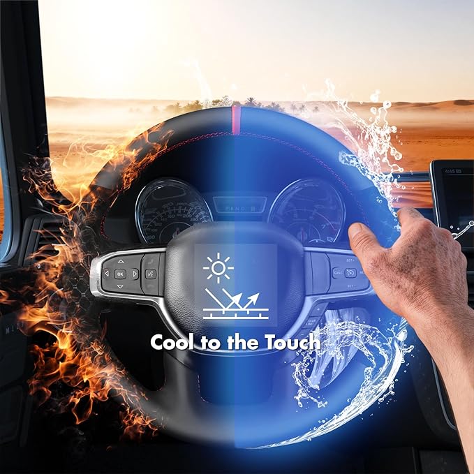 MEWANT Hand-Stitched Steering Wheel Cover Wrap for Dodge Ram 1500 2019-2023 Steering Wheel Accessories for Dodge Ram(Backsides Without Buttons)