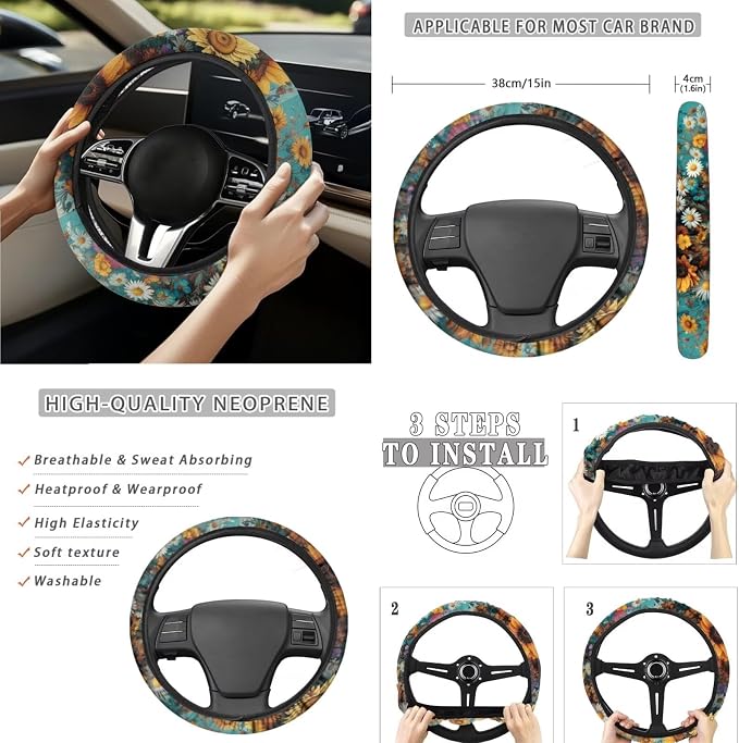 15 Pcs Floral Butterfly Cattle Auto Interior Accessories Car Seat Covers with Auto Steering Wheel Cover Seat Belt Covers Car Trash Can View Mirror Cover Coaster Keychains