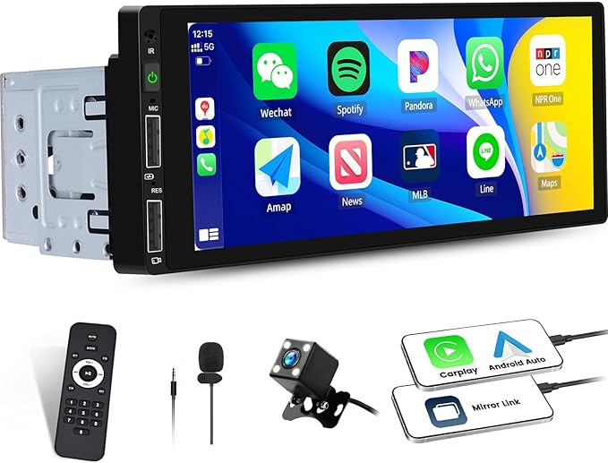 Single Din Car Stereo with Apple CarPlay Andriod Auto Bluetooth-5.0 Handsfree, 6.86" HD Touchscreen,1 Din Car Audio Receivers wtih EQ Mirror Link FM Radio USB Fast Charge,SWC+Backup Cam