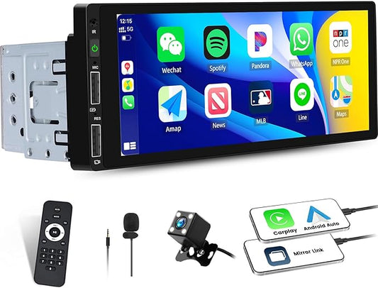 Single Din Car Stereo with Apple CarPlay Andriod Auto Bluetooth-5.0 Handsfree, 6.86" HD Touchscreen,1 Din Car Audio Receivers wtih EQ Mirror Link FM Radio USB Fast Charge,SWC+Backup Cam