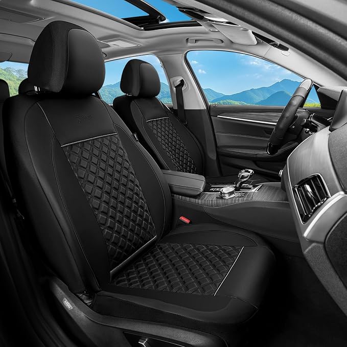 FLORICH Seat Covers, Front Seat Covers 2 PCs, Automotive Seat Cover for Cars, Luxury Leather Universal Seat Cover Accessories Fit for Most Cars SUV Truck Sedans(Black)