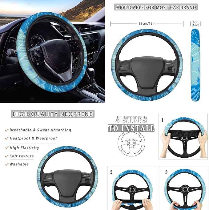 Sea Turtle Prints Car Interior Accessories Set of 8, Car Seat Covers Full Set with Steering Wheel Cover Center Console Pad Seat Belt Covers, Auto Decorations for Women
