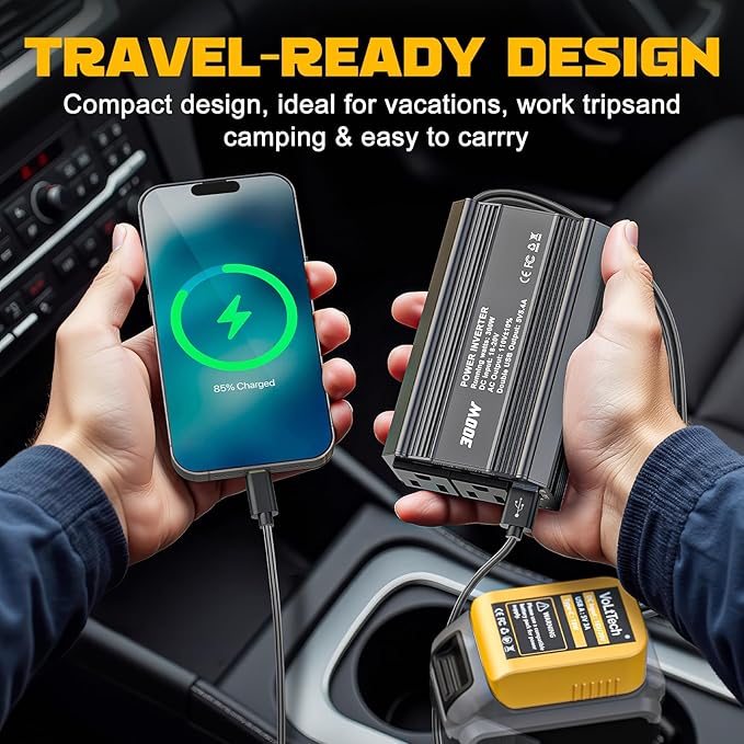 VoLtTech 300W Power Inverter 18V to 110V Compatible with Dewalt 20V Battery, Battery Inverter DC Charger Adapter with 2 AC Outlet & 2 USB Port for Vehicles, Laptop, Computer, Phone, Fan(No Battery)