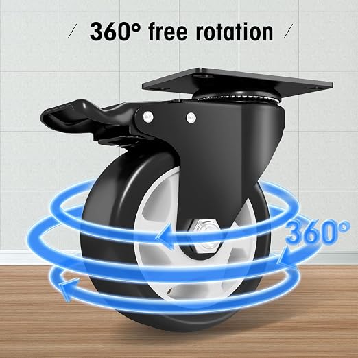 4" Swivel Plate Casters, 1200Lbs Capacity with Brake | Black, 4-Pack, PU Wheels, Double Ball Bearings, Quiet & Non-Marking, for Workbenches & Carts