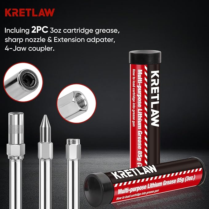 KRETLAW Mini Grease Gun (3000PSI) with Double 3oz Cartridge Grease and 12'' Flex Hose, Reinforced Coupler for Automotive, Red
