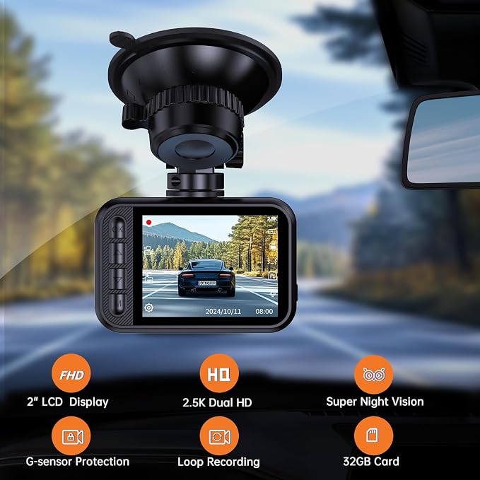 E-YEEGER Dash Cam Front and Rear, 2.5K Dual Dash Camera for Cars, 2560P Mini Car Camera, 2 inch IPS Screen, WDR Night Vision, 24 Hours Parking Monitor, G-Sensor (32G SD Card Included)