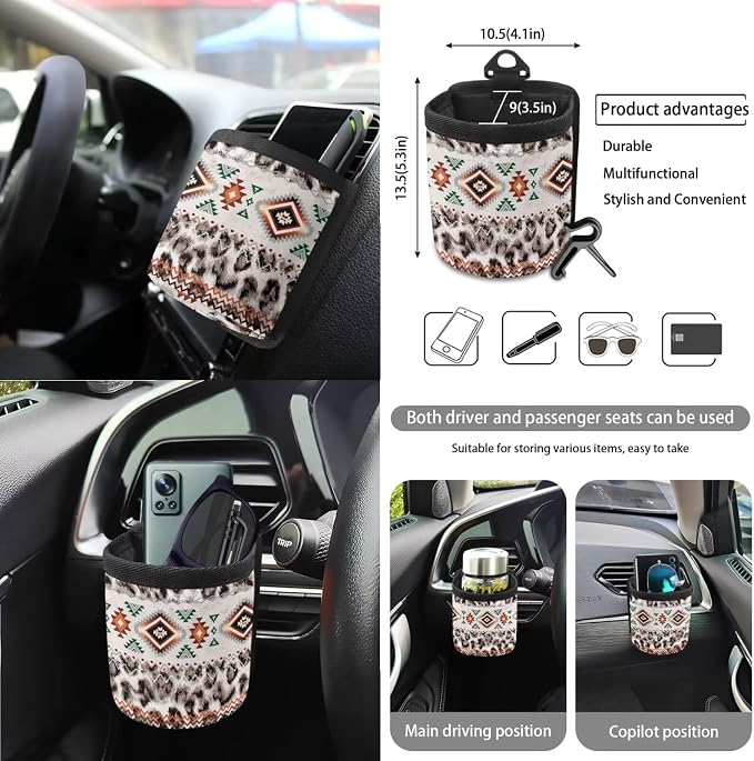 Wanyint Car Seat Cover Covers with Steering Wheel Seat Belt Strap Pad Trash Bag Phone Holder Rearview Mirror Accessories Cup Holder Key Chain Auto Decor, 15 Pack, Aztec Navajo Leopard Print