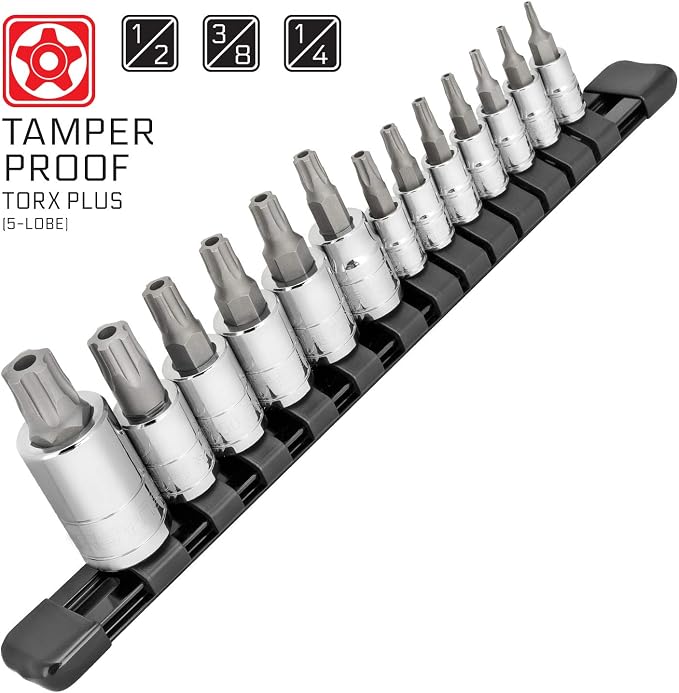 CARBYNE 13-Piece Tamper-Proof Torx Plus Bit Socket Set, 5 Lobe Security, TPR-8/IPR-8 to TPR-60/IPR-60, S2 Steel, CrV Sockets, 1/4 3/8 1/2 in. Drive, Genuine Licensed Torx