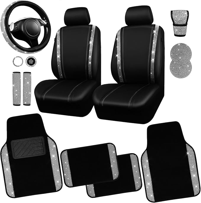 CAR PASS Diamond Bling Leather Seat Covers Set Car Floor Mats Glitter Rhinestone Steering Wheel and Car Interior Accessory Set for Women Silver