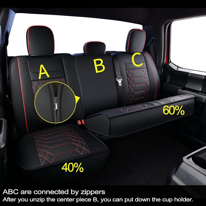 RISINGSTAR F150 Faux Leather Seat Covers, fit for 2015-2026 F150 SuperCrew, and 2017-2026 F250 F350 F450 Super Duty Crew Cab(Full Set, Black&Red)