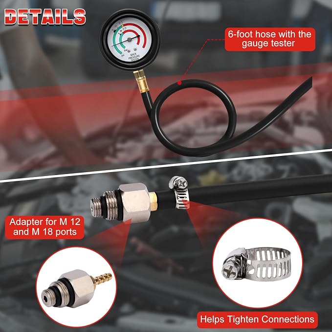 Pressure Tester Kit - Catalytic Converter Clog Diagnostic Tool with 2.5 PSI/Bar Gauge, 6FT Hose, M 12 / M 18 Adapters & ABS Case for Automotive Repair