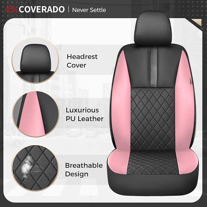 Coverado Car Seat Covers Front Pair, Automotive Leather Seat Covers for Car，Universal Fit Front Back Seat Cover, Non-Slip Waterproof Breathable Car Seat Protector