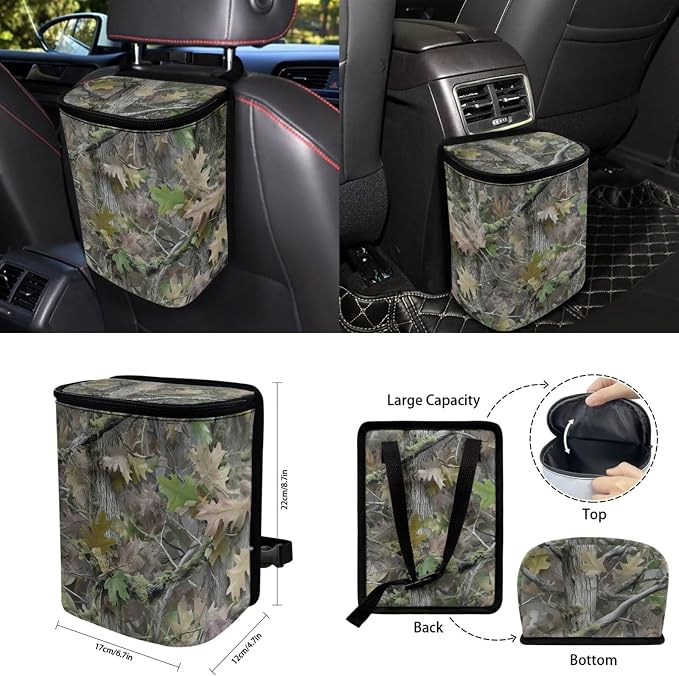 15 Pcs Green Camouflage Car Seat Covers Full Set for Women Men Car Accessories Interior Car Steering Wheel Cover Seatbelt Covers Trash Bin Rear View Mirror Cover Cup Holders Keychain