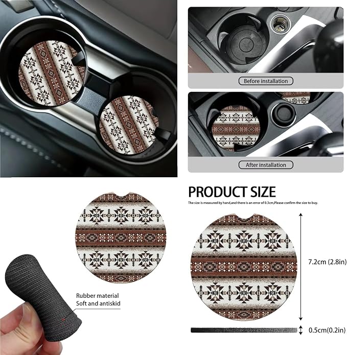 Wanyint Aztec Southwest Brown 15 PCS Car Seat Covers Set for Men Women, with Steering Wheel Cover Seat Belt Pads Trash Bin Sunglass Pocket Rear View Mirror Protector Coasters Key Chain
