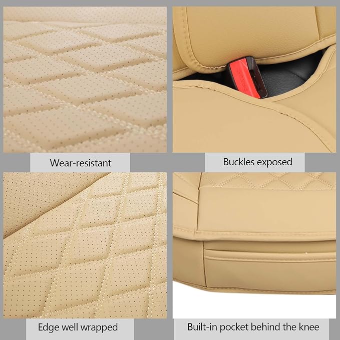 MIROZO Seat Covers Full Set, Leather Car Seat Covers Breathable Car Seat Protector Waterproof Automotive Seat Covers Non Slip Front & Rear Seat Cover Universal Fit for Most Sedan Truck and SUV (Beige)