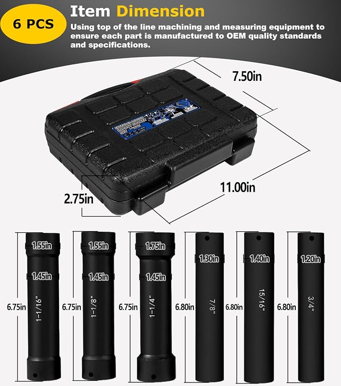 1/2 Inch Drive Extended Length Impact Socket Set - 6 Piece Extra Deep Impact Socket Set - Hex Size 3/4", 7/8", 15/16", 1-1/16", 1-1/8", 1-1/4" Heavy Duty With Storage Case For High Torque Use