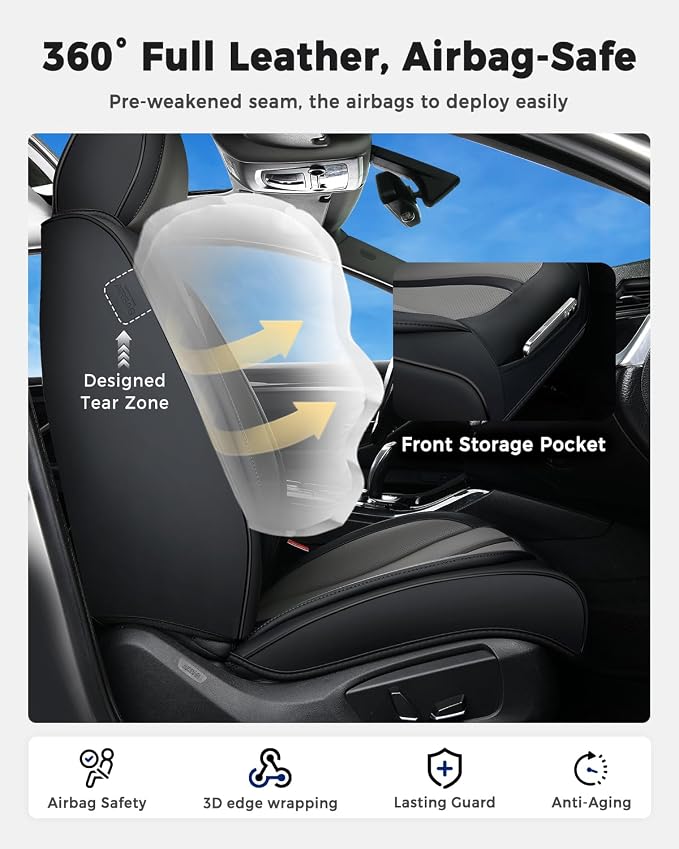 Huidasource Universal Car Seat Cover Luxury Nappa Leather, Car Seat Cover Set with Velcro Adjustable, Airbag, Lumbar Support, Cooling＆Heating, Seat Covers Fit for Most Cars SUV Trucks, Black＆Gray