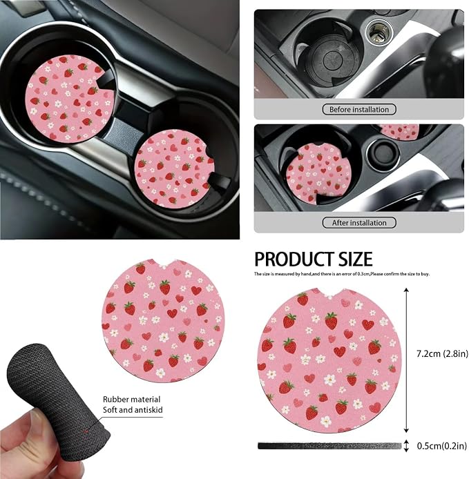 Strawberry Flower Print Car Seat Covers Front and Back Full Set with Steering Wheel Cover Safety Belt Pads Inside Rearview Mirror Protector Garbage Bag Cup Coasters and Keychain