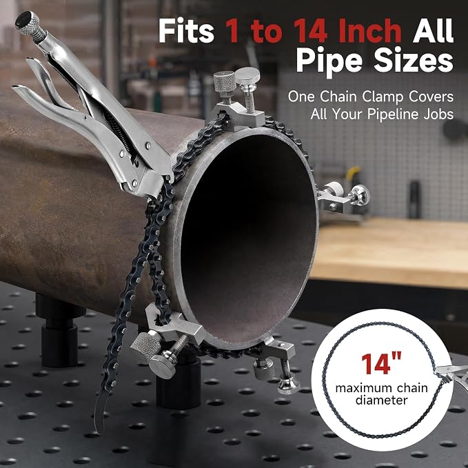 Pipe Alignment Chain Clamp, Welding Clamp 14" Max Diameter | 4 Stainless Steel Screws and Quick Release Nickel-Plated Handle for Pipe Fitting & Welding
