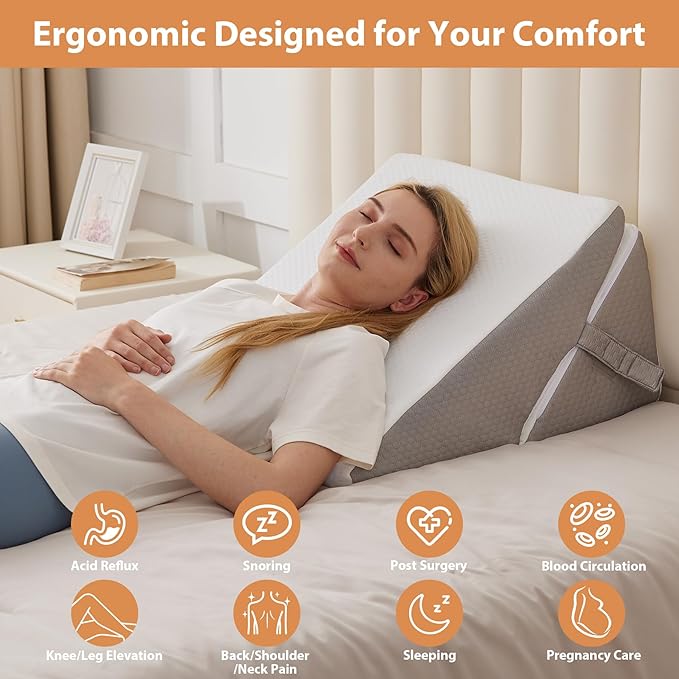 BIEEZZK Wedge Pillow, Adjustable Back Pillow for Sleeping, 9&12“ Bed Wedge Pillow Set for After Surgery, Triangle Memory Foam Pillow Wedges for Headboard, Acid Reflux, Snoring, GERD, White/Grey